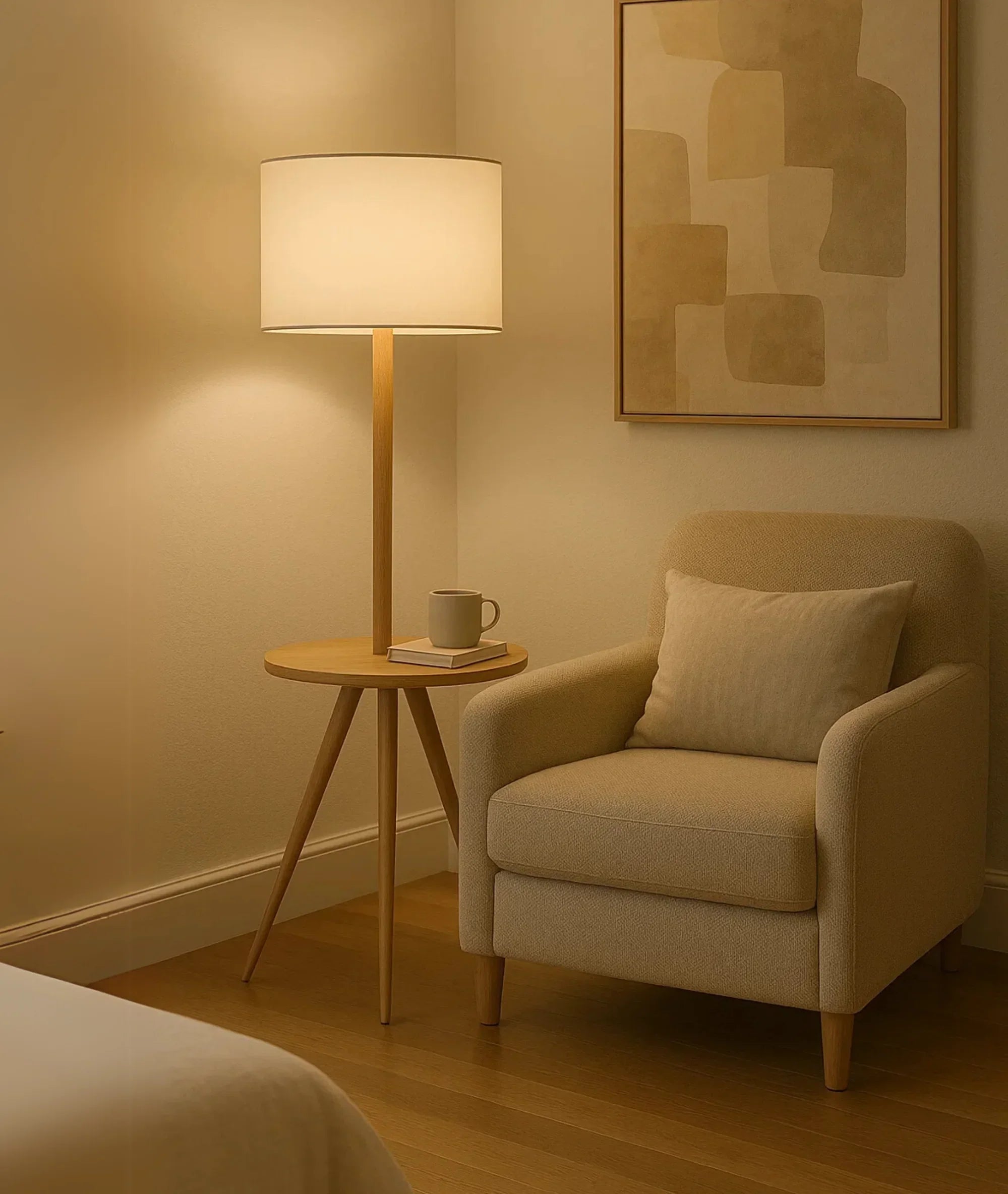 Nureyaa Modern Wooden Tripod Floor Lamp, 63" tall, 14" table, linen shade, handmade decor