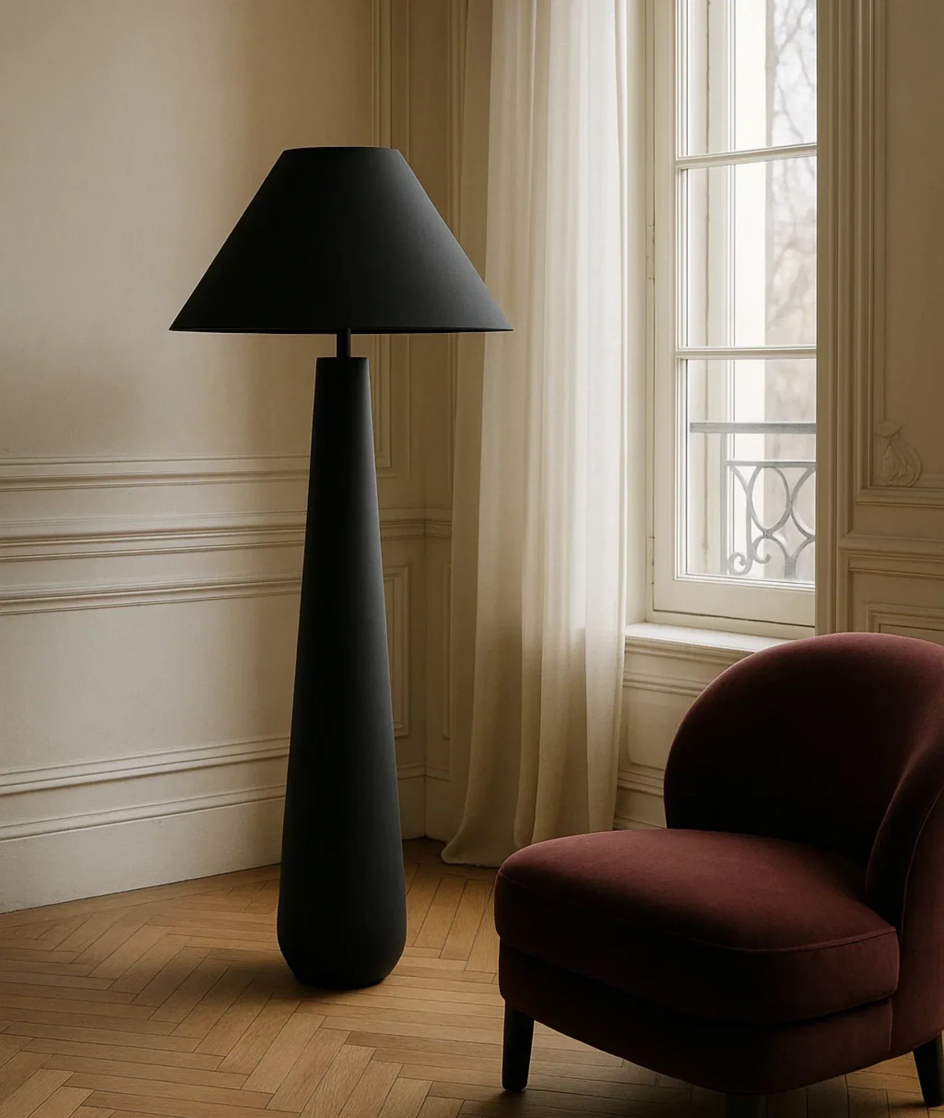 Lamp and Glow Mushroom Floor Lamp, 60" tall, 6" wood base, linen shade, handmade decor Black