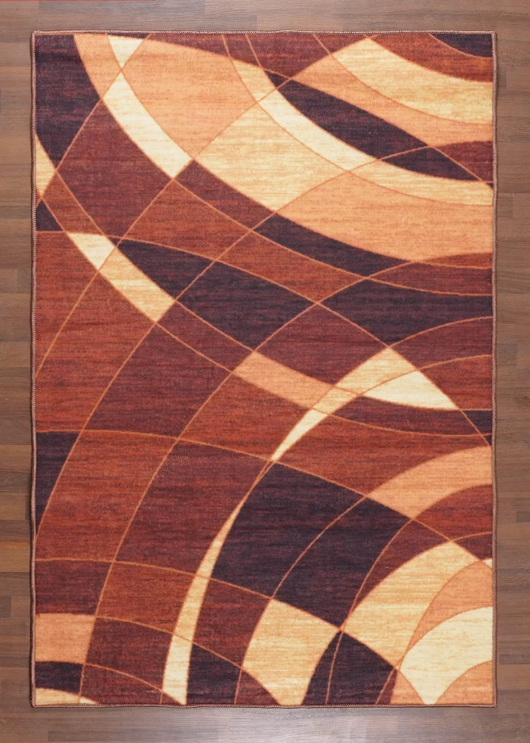 Geometric patterned rug on a wooden floor