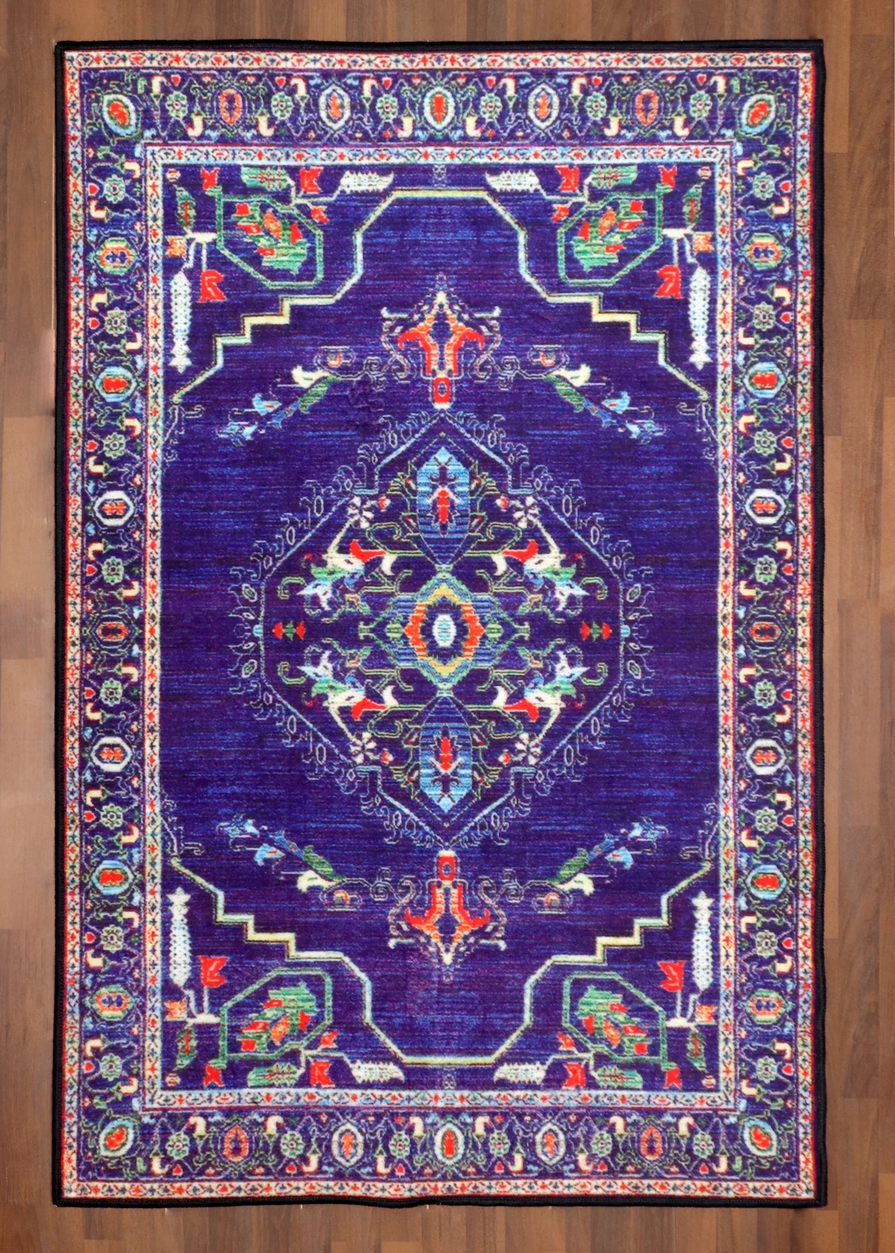 Royal medallion navy blue floral rug with felt backing – elegant and durable area rug