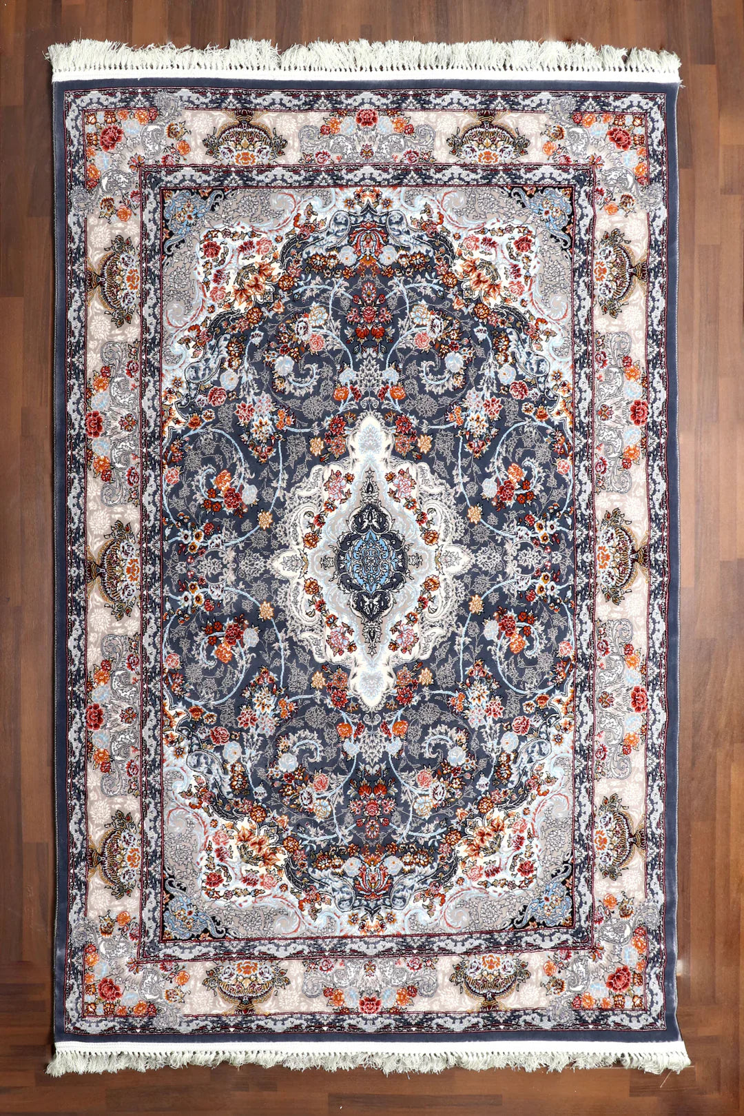 Persian vintage floral rug with antique-style design and soft synthetic pile