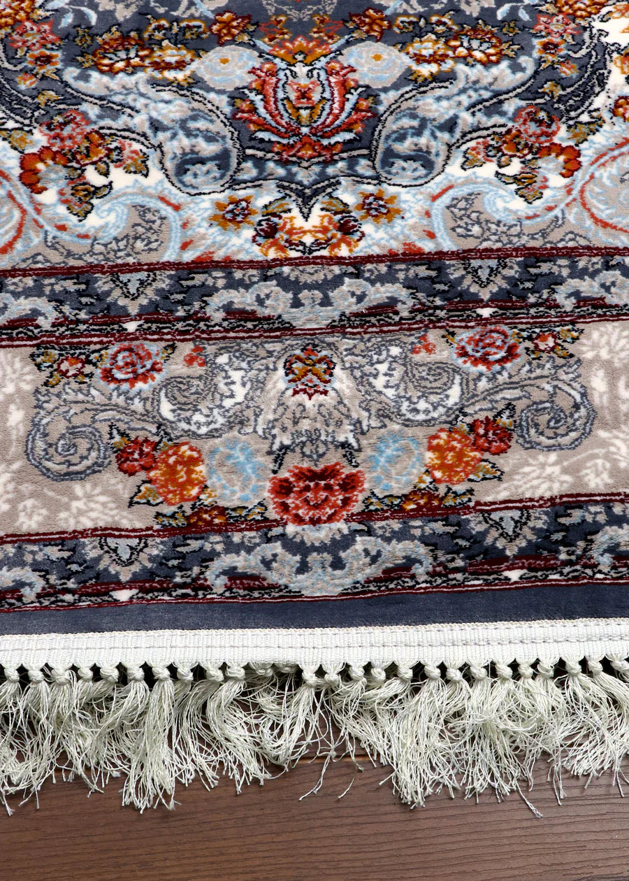 Persian vintage floral rug with antique-style design and soft synthetic pile