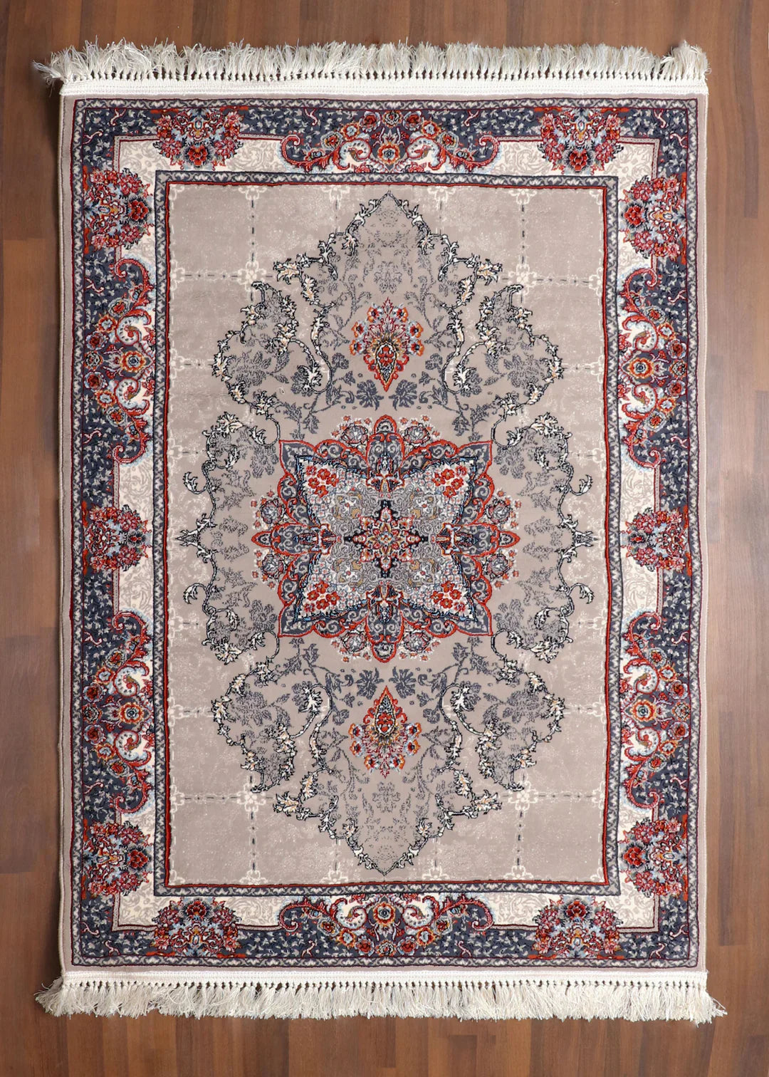 Traditional Persian rug in red, grey, and beige with medallion design – polyester with jute backing