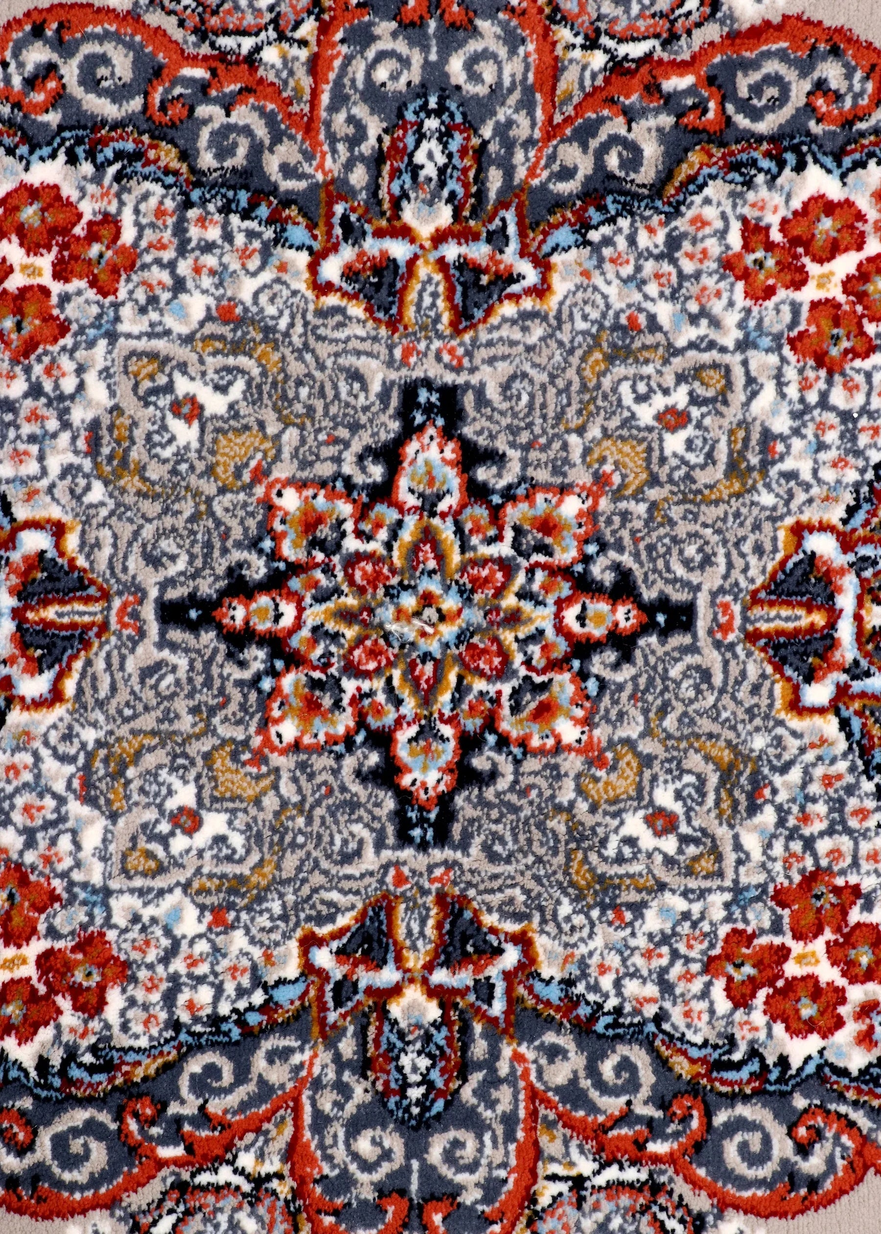 Traditional Persian rug in red, grey, and beige with medallion design – polyester with jute backing