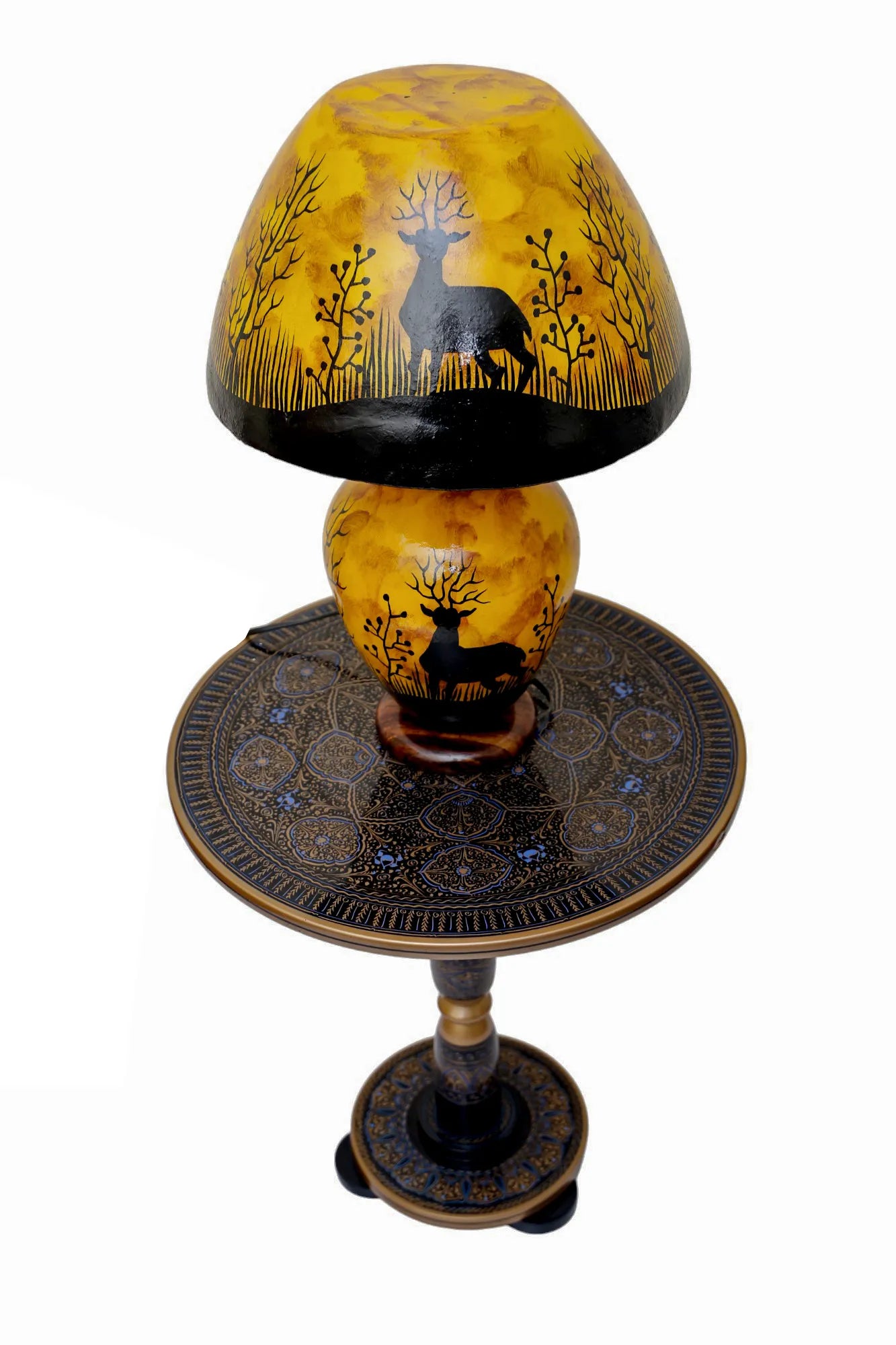 “Handpainted fluorescent camel skin lamp with wooden base – artisan-crafted decorative lamp with warm glow”