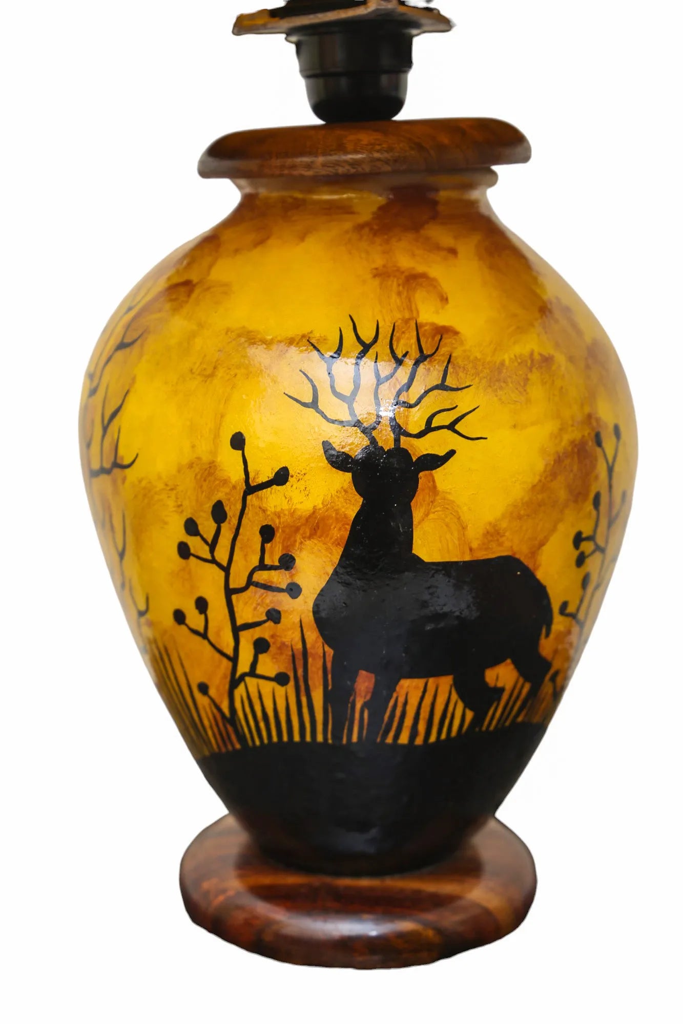 “Handpainted fluorescent camel skin lamp with wooden base – artisan-crafted decorative lamp with warm glow”