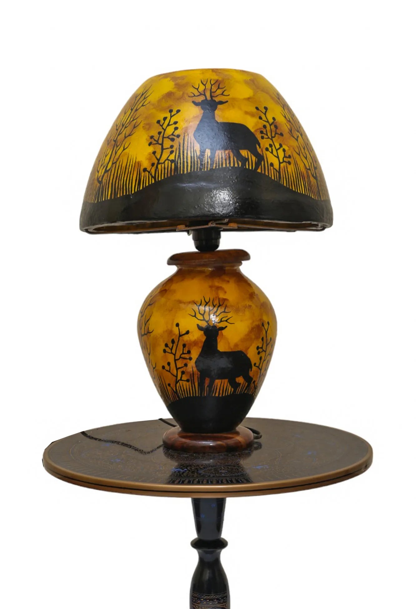 “Handpainted fluorescent camel skin lamp with wooden base – artisan-crafted decorative lamp with warm glow”