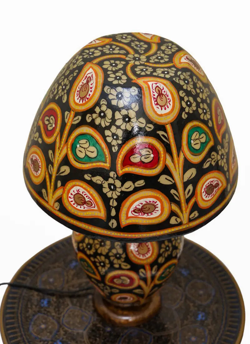 “Handcrafted fluorescent camel skin lamp with colorful patterns and pine wood base – ambient glow decor”