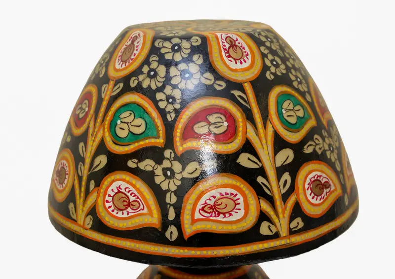 “Handcrafted fluorescent camel skin lamp with colorful patterns and pine wood base – ambient glow decor”