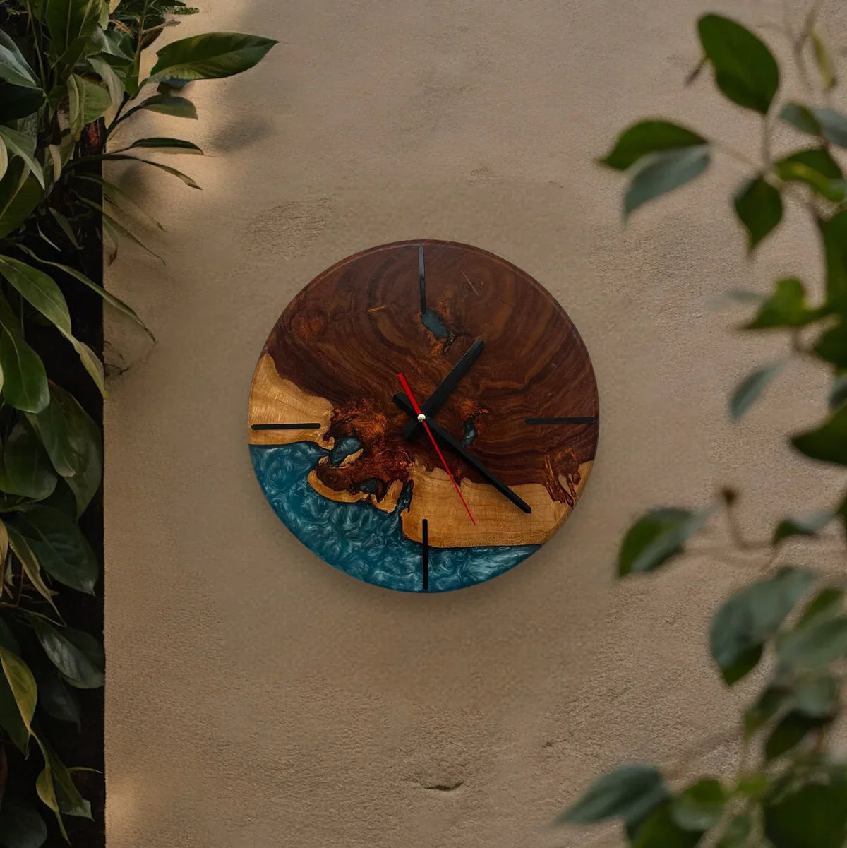 Sheesham Ocean Drift Wall Clock – 14-inch round wood and blue resin wall clock with natural grain and coastal-inspired resin detail.