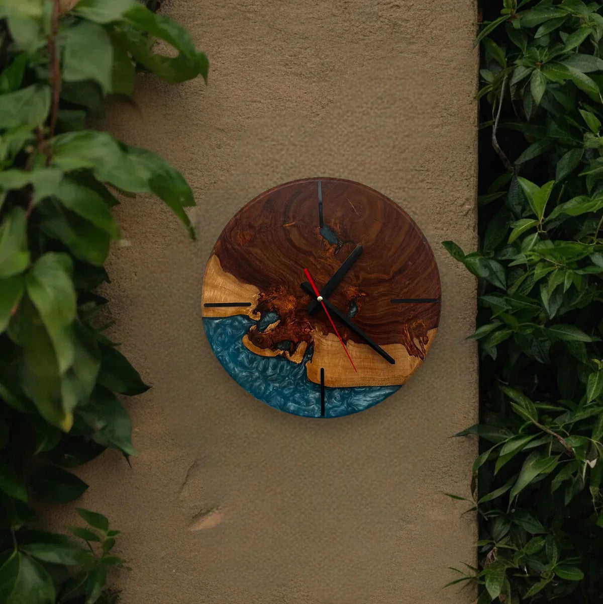 Sheesham Ocean Drift Wall Clock – 14-inch round wood and blue resin wall clock with natural grain and coastal-inspired resin detail.