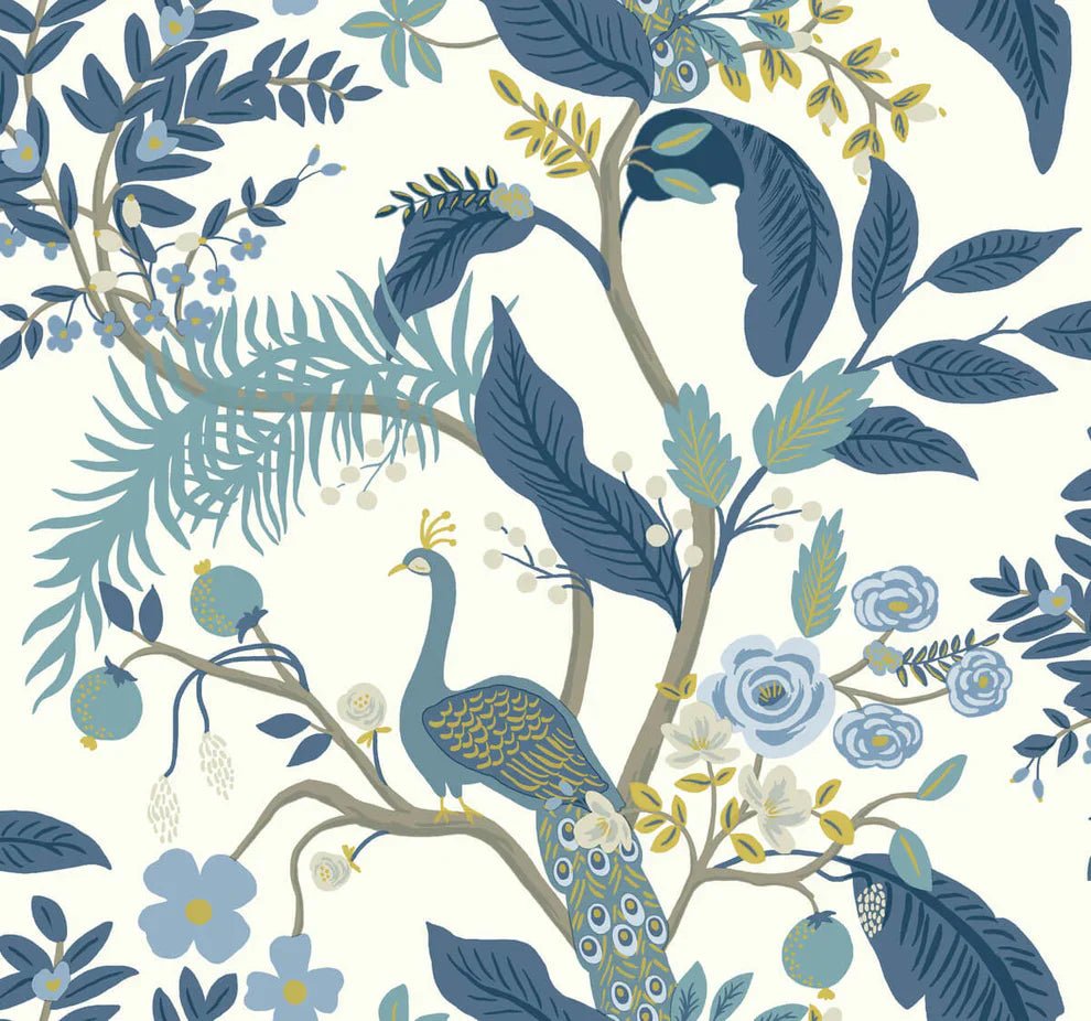 Peacock Wallpaper - Blue & White