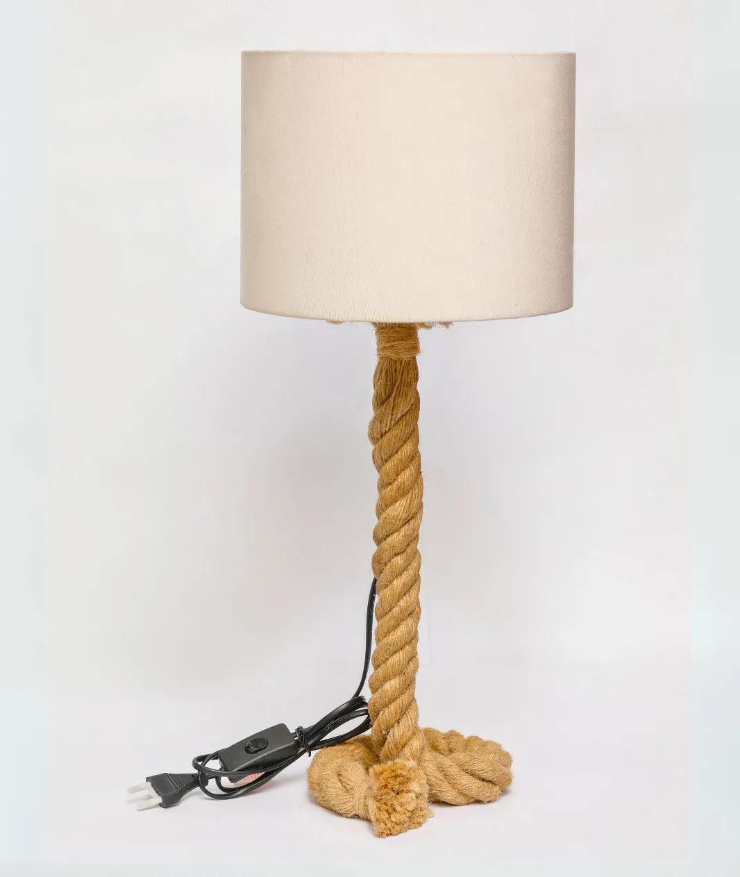 “Rope Table Lamp with natural rope base, cotton shade, and Edison bulb – nautical rustic lighting handcrafted by Freyaarts.