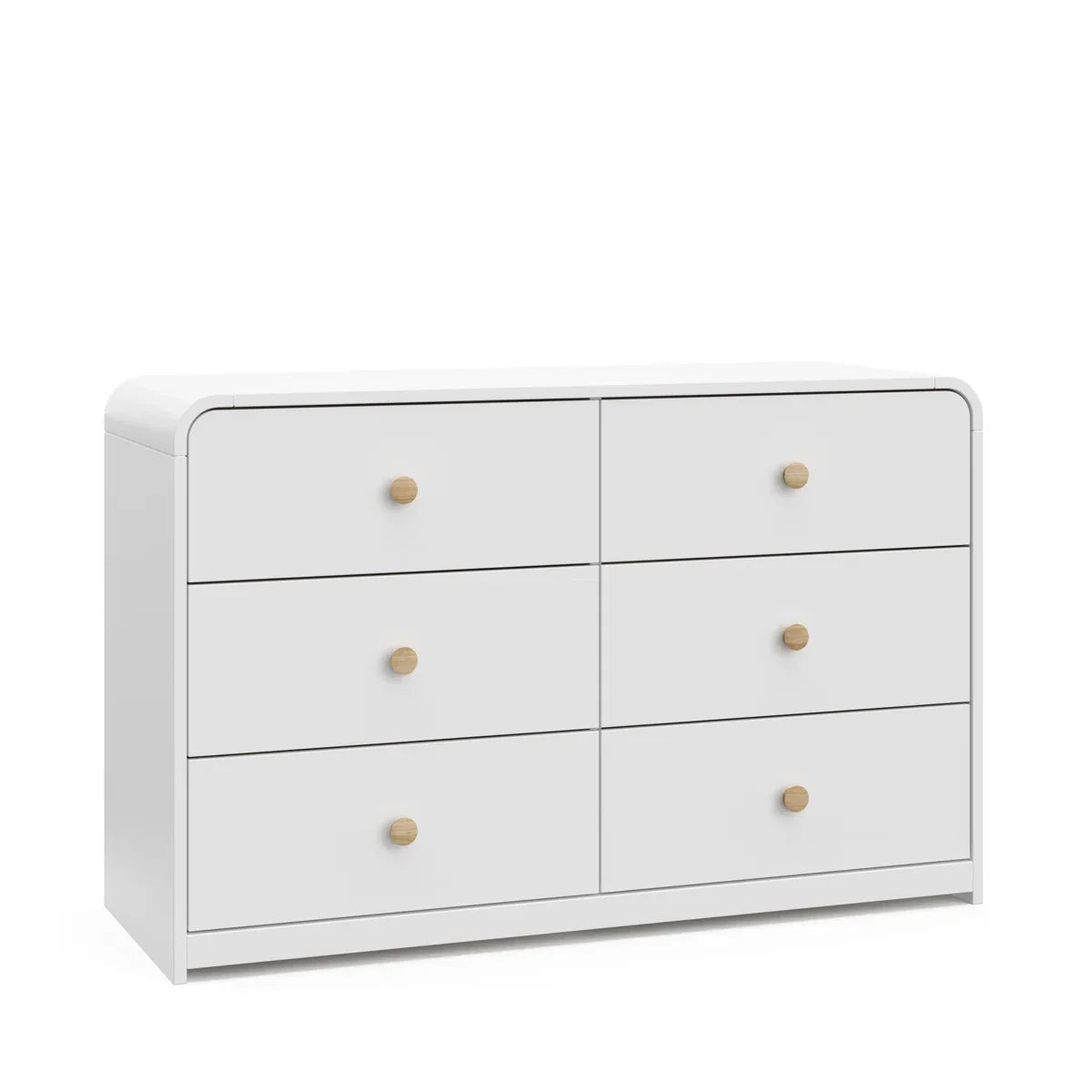 A modern 6-drawer dresser in white with small round gold knobs, shown against a clean white background.
