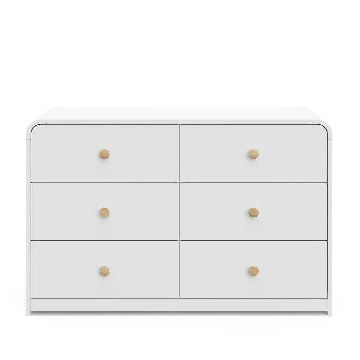 A modern 6-drawer dresser in white with small round gold knobs, shown against a clean white background.
