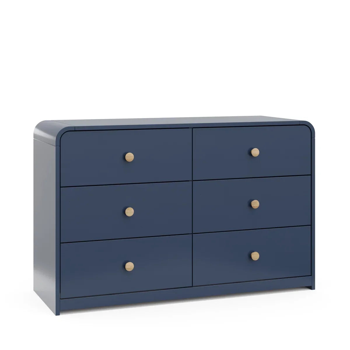 A navy blue 6-drawer dresser with light wood knobs, featuring one open drawer showing a light wood interior, set against a plain off-white background Midnight Blue