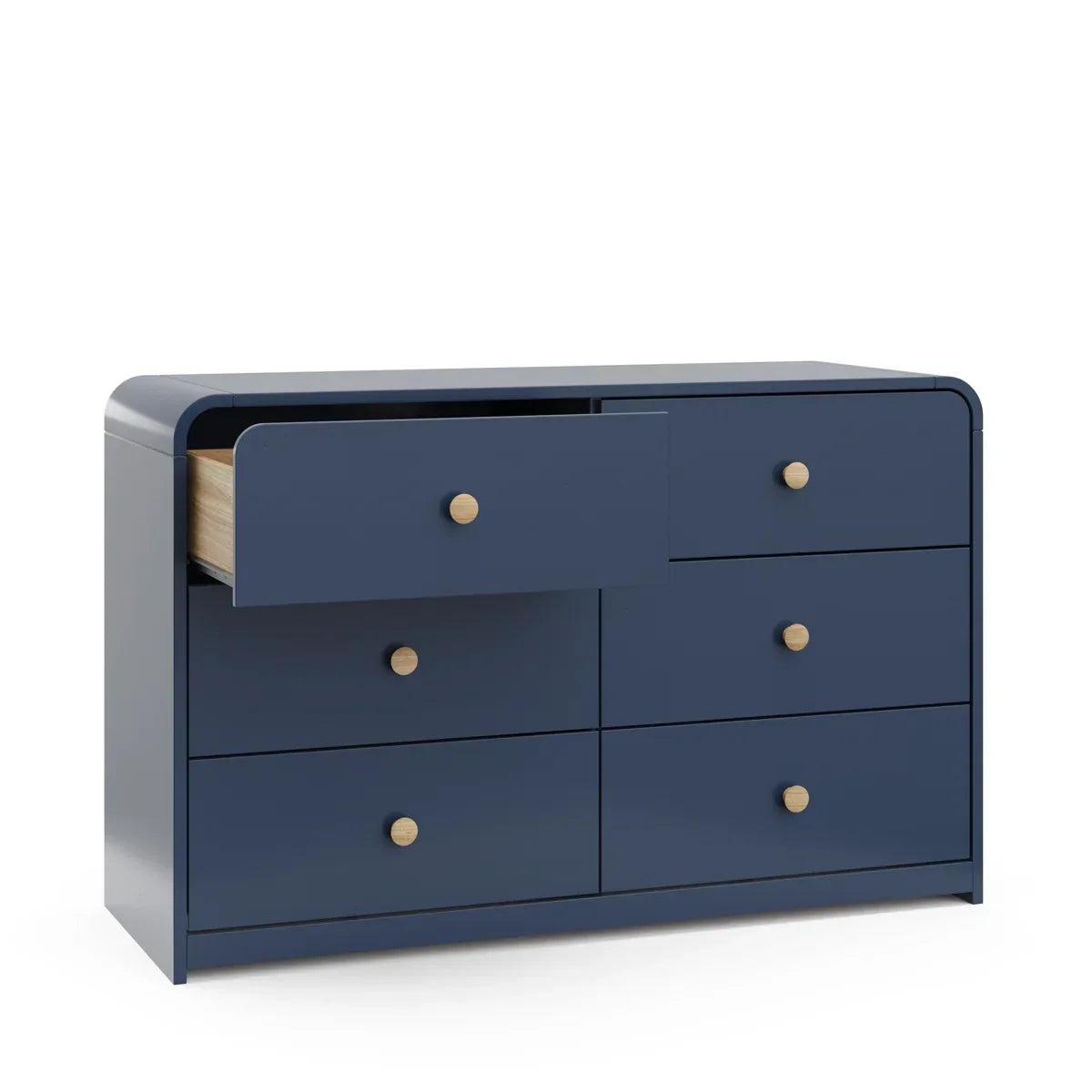 A navy blue 6-drawer dresser with light wood knobs, featuring one open drawer showing a light wood interior, set against a plain off-white background Midnight Blue