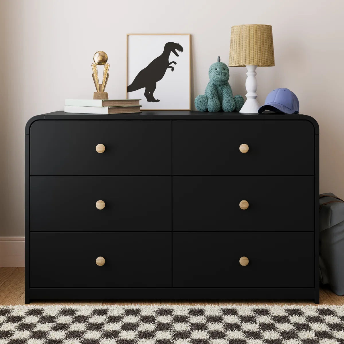 Black dresser with open drawer on a white background