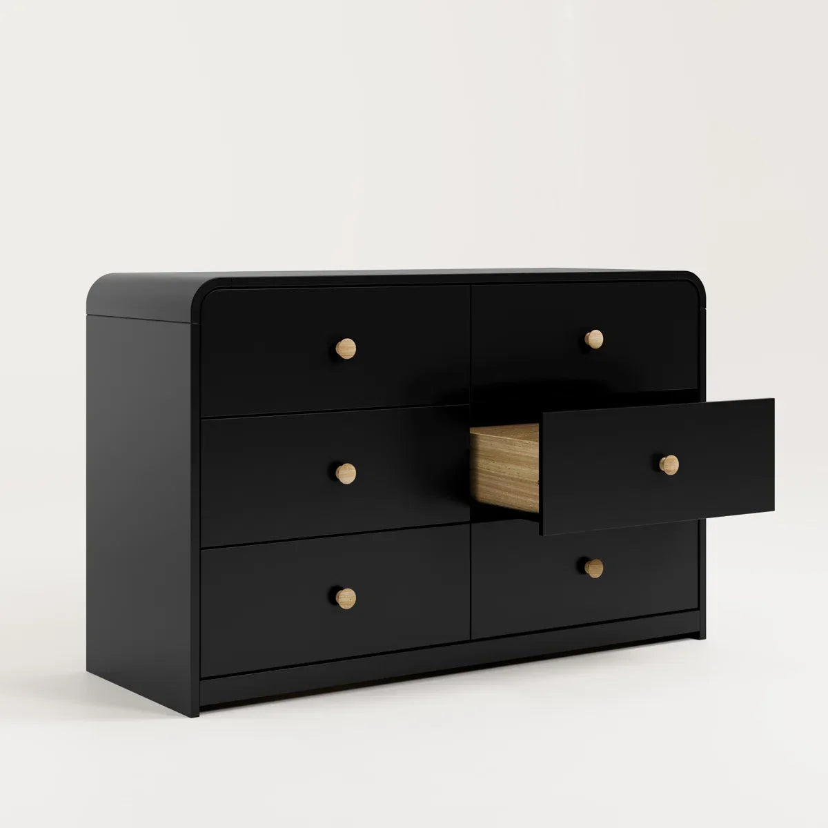 Black dresser with open drawer on a white background