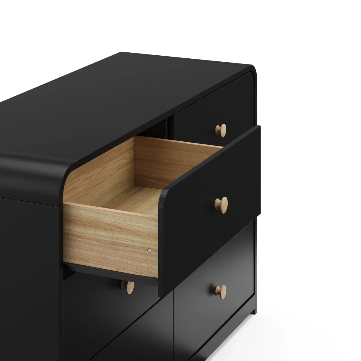 Black dresser with open drawer on a white background