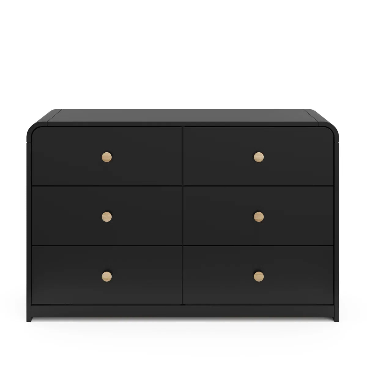 Black dresser with open drawer on a white background