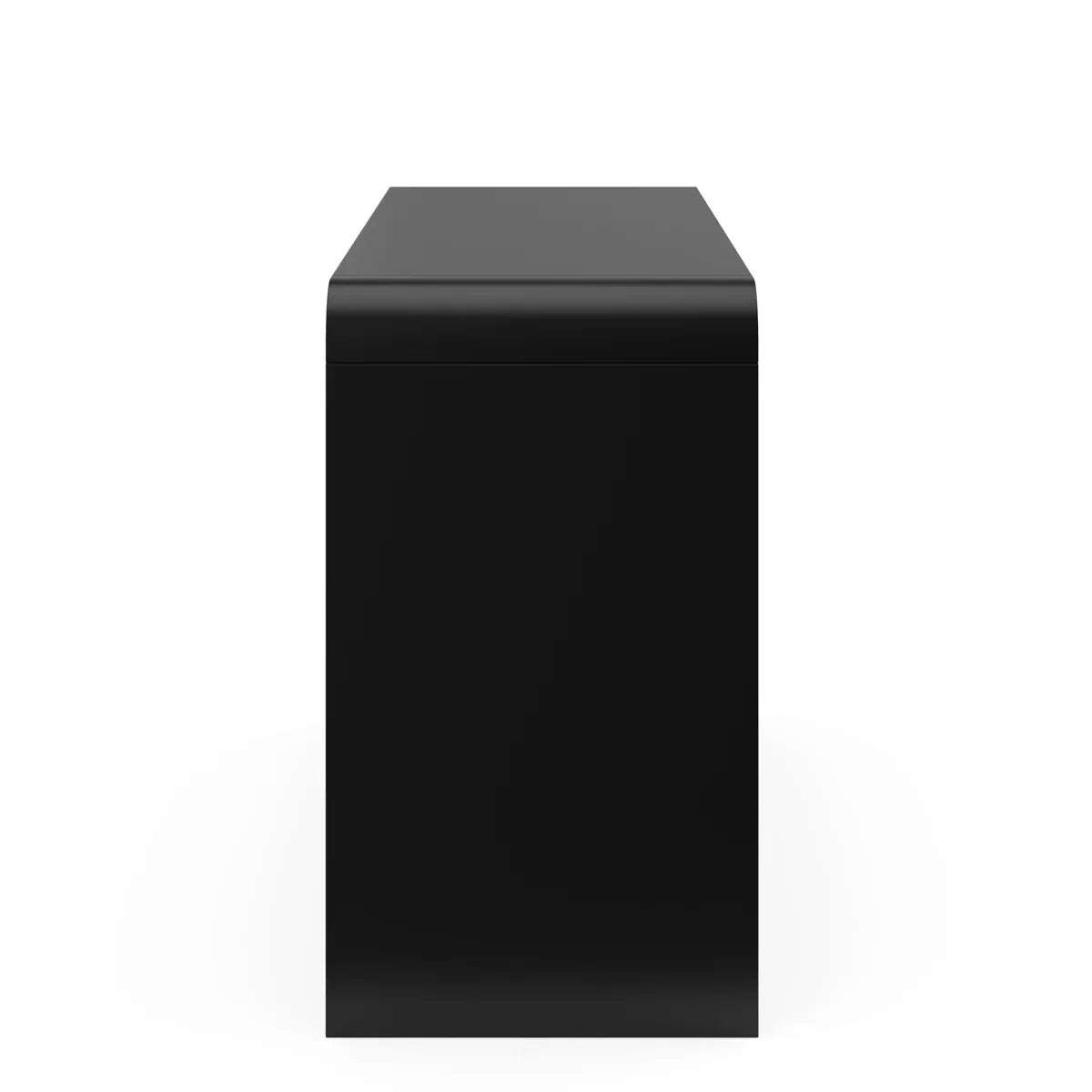 Black dresser with open drawer on a white background