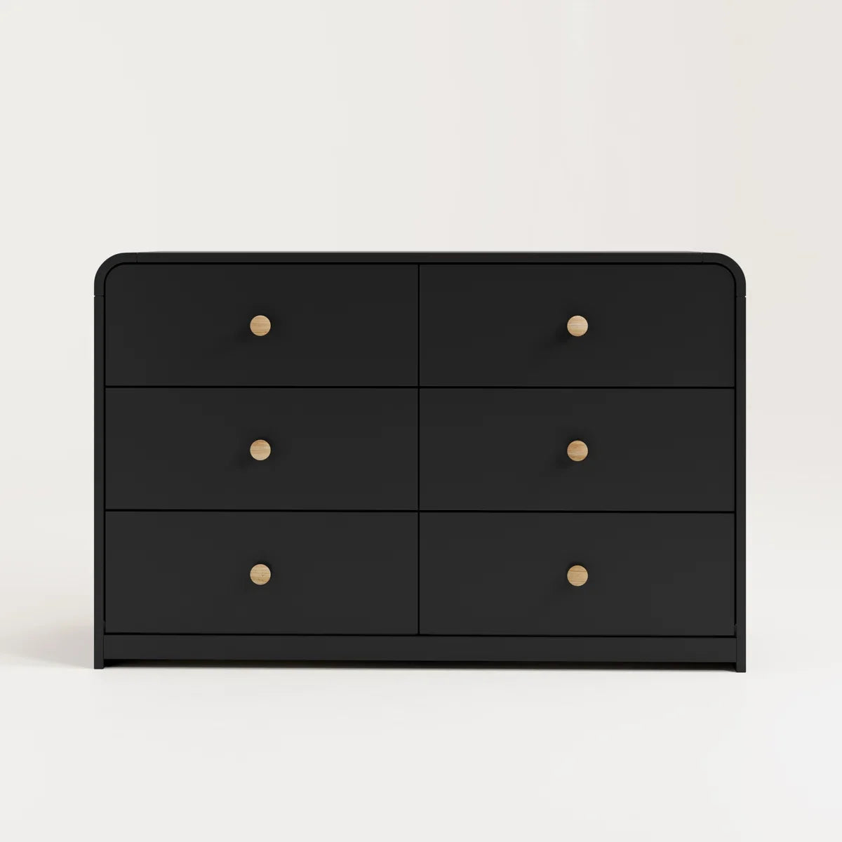 Black dresser with open drawer on a white background