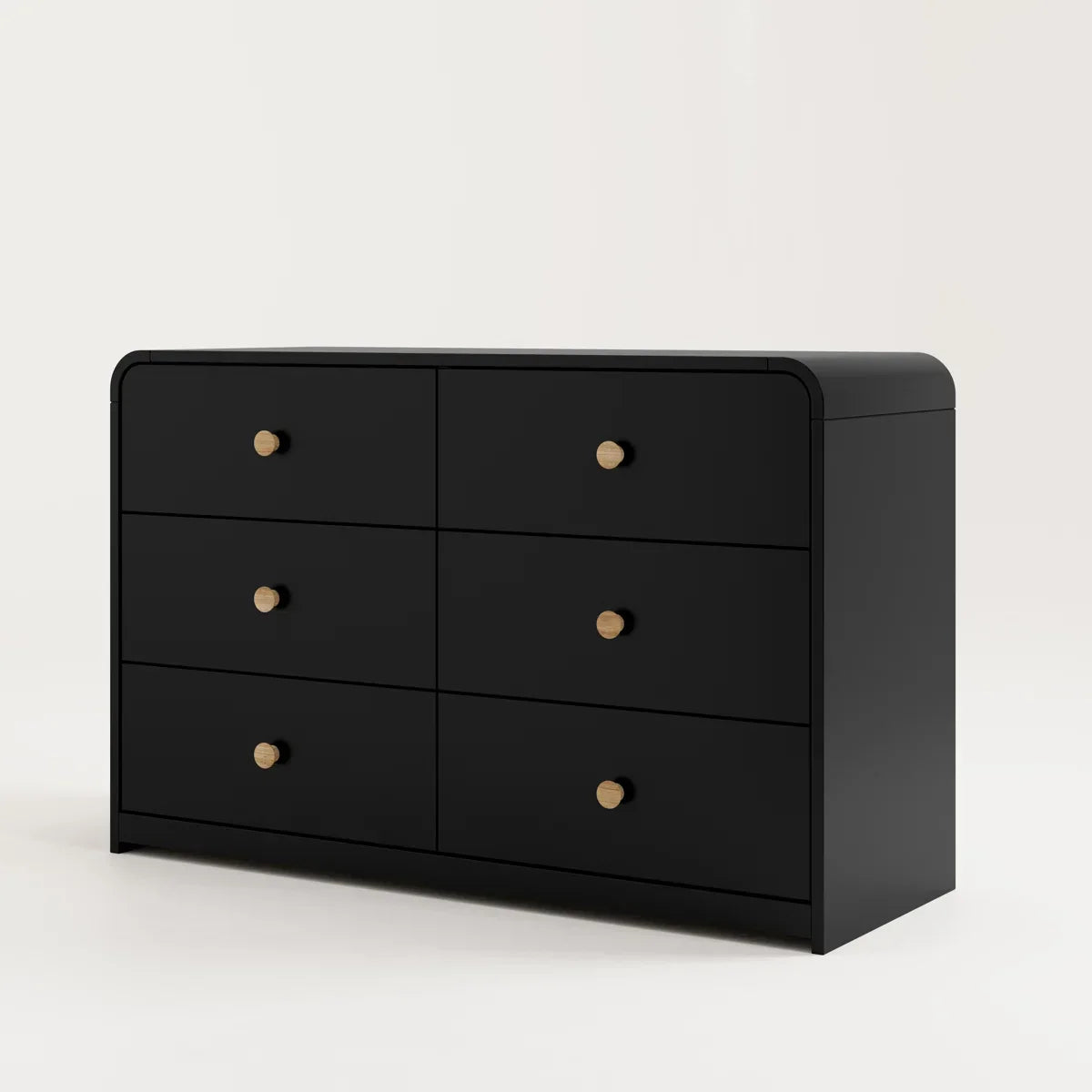 Black dresser with open drawer on a white background