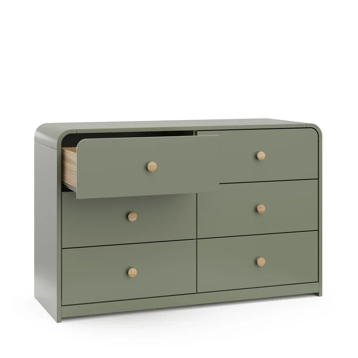A modern six-drawer dresser in a muted sage green with small round light wood knobs, shown against a neutral beige background.