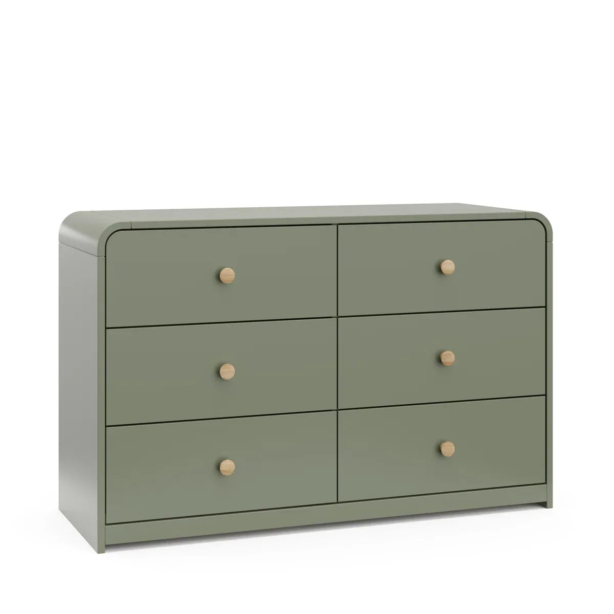 A modern six-drawer dresser in a muted sage green with small round light wood knobs, shown against a neutral beige background.