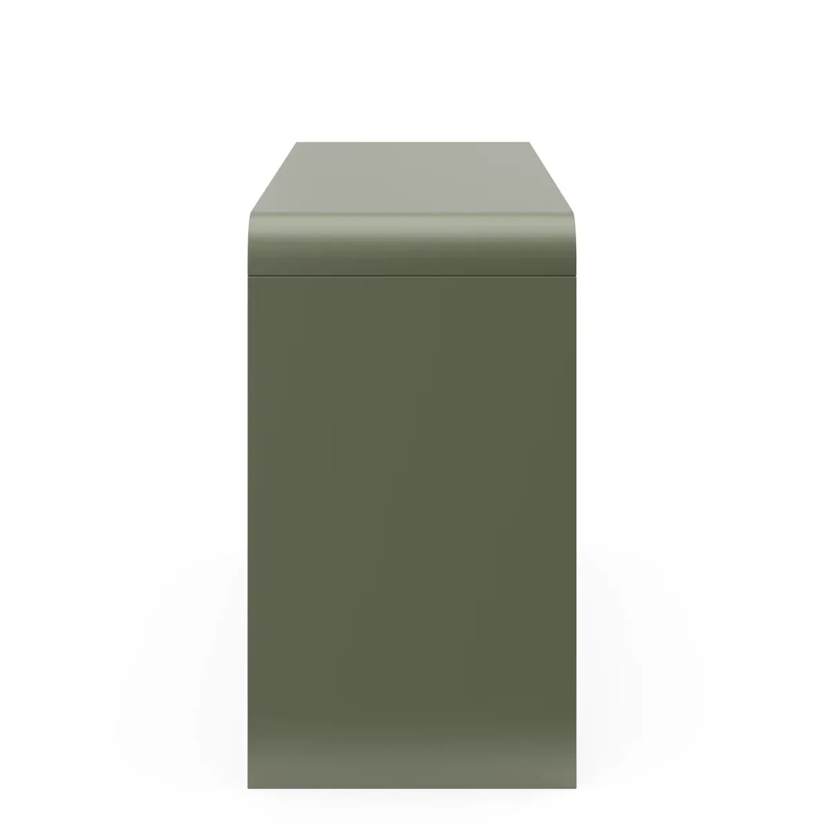 A modern six-drawer dresser in a muted sage green with small round light wood knobs, shown against a neutral beige background.