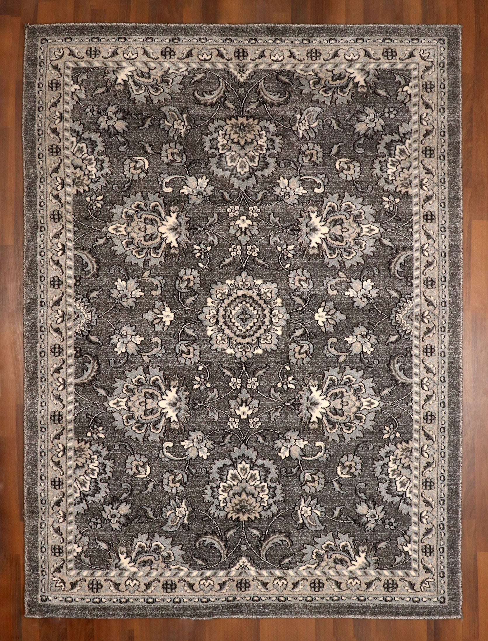 Elegant Turkish area rug in charcoal and ivory tones, 5.3 x 7.2 feet