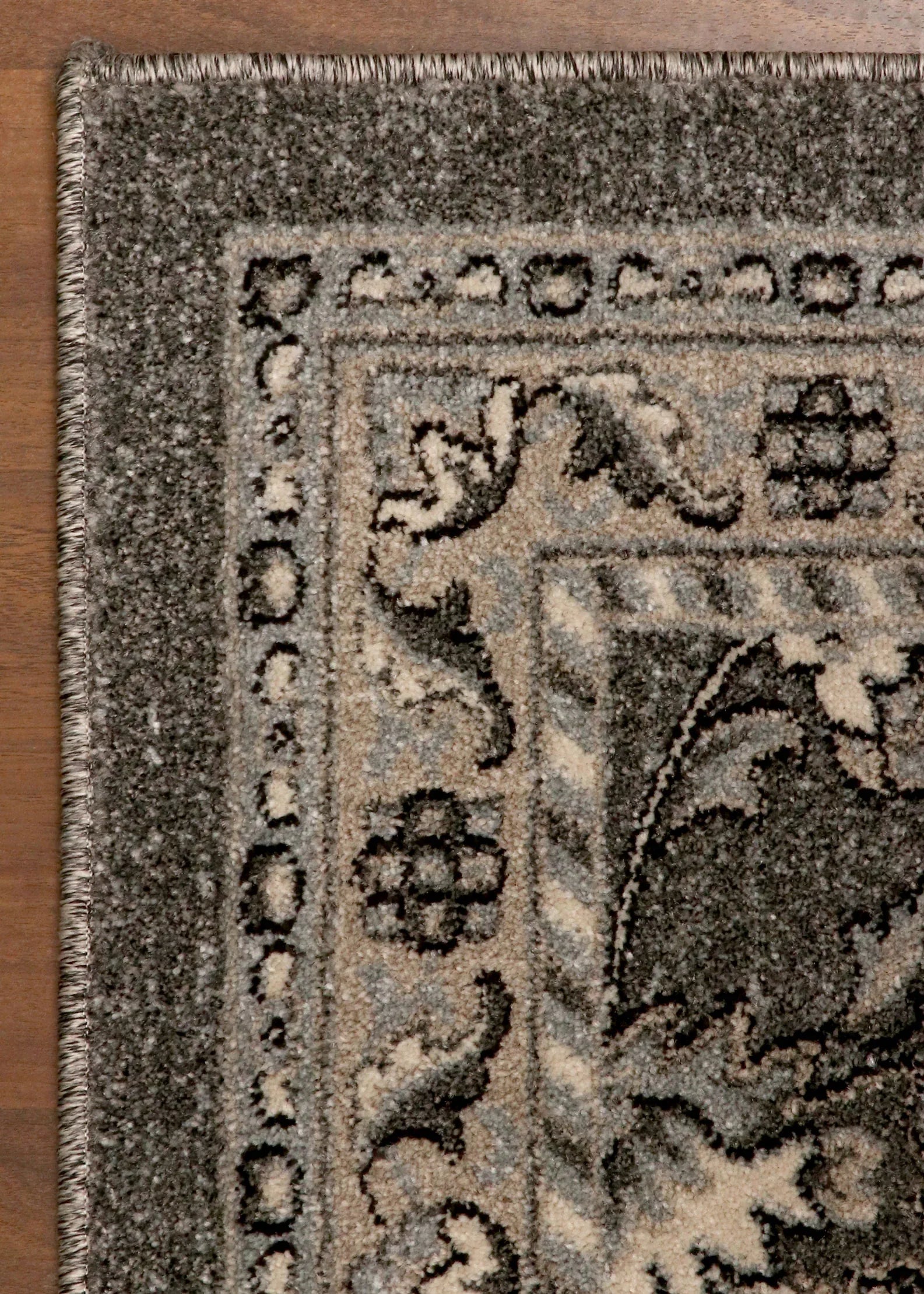 Elegant Turkish area rug in charcoal and ivory tones, 5.3 x 7.2 feet