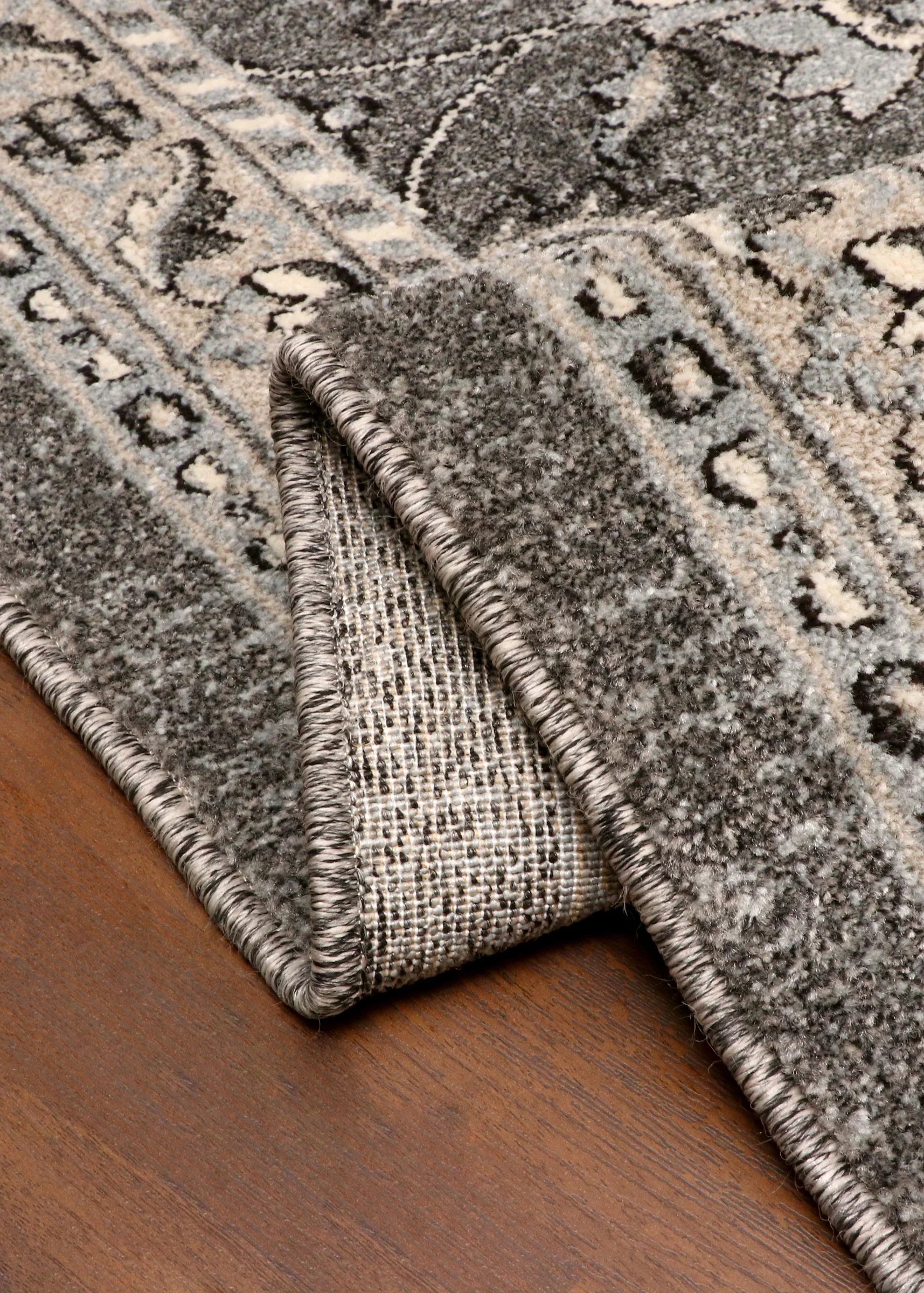 Elegant Turkish area rug in charcoal and ivory tones, 5.3 x 7.2 feet