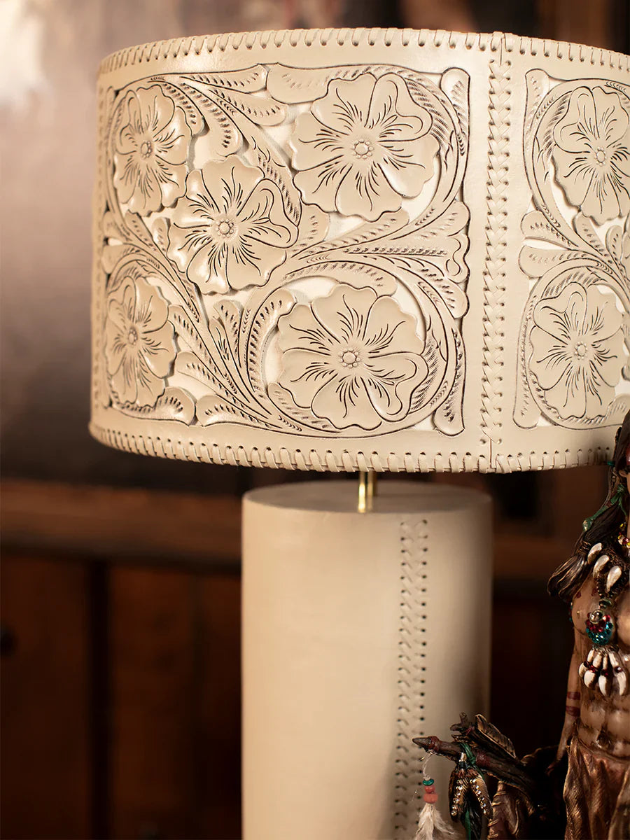 Toledo Saddle Stitch Leather Lamp – Cream Base & Embossed Leather Shade