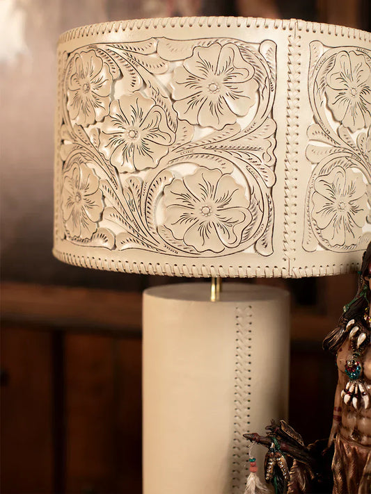 Toledo Saddle Stitch Leather Lamp – Cream Base & Embossed Leather Shade