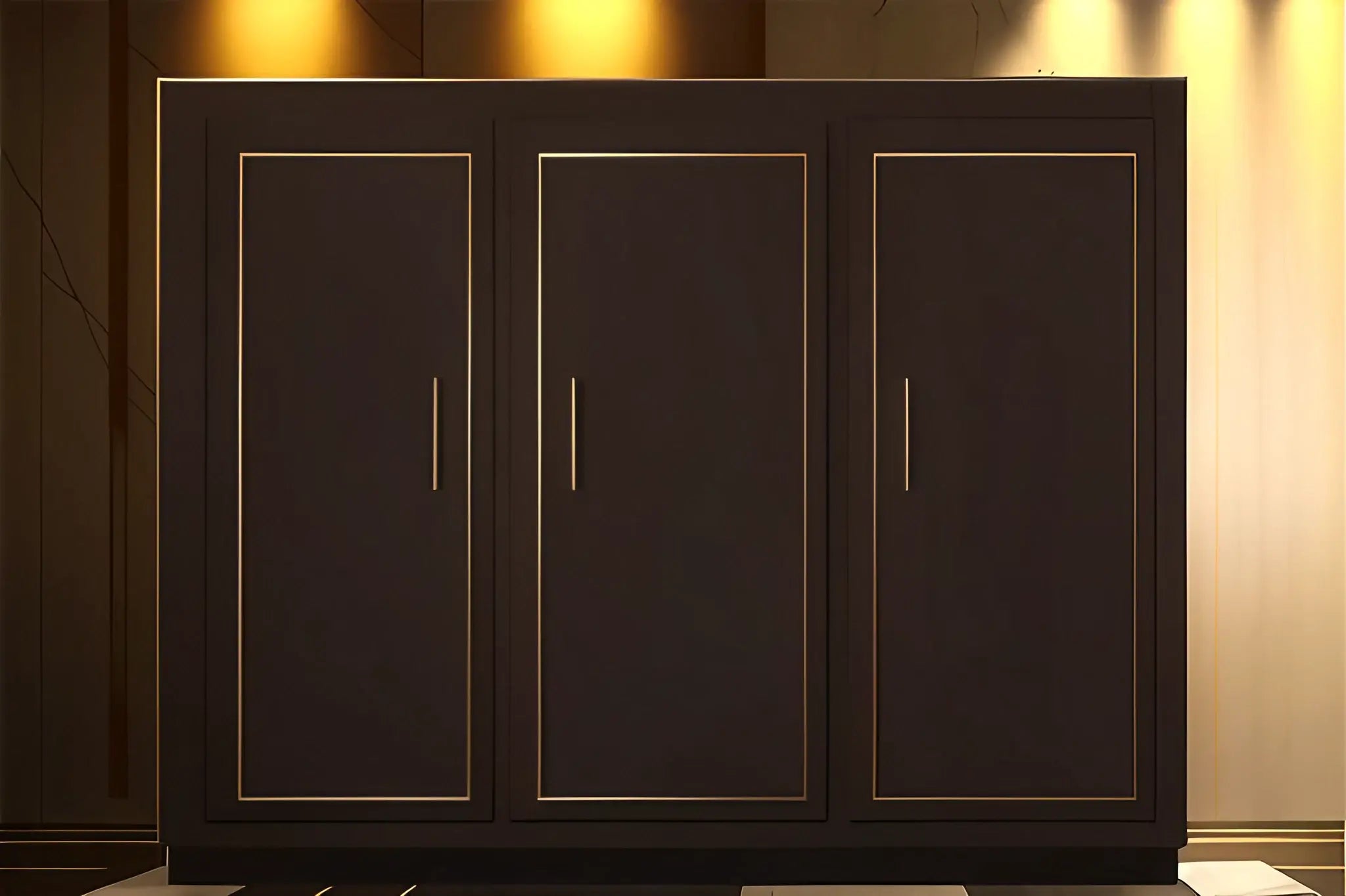 Dark wooden cabinet with three doors against a warm-toned wall.