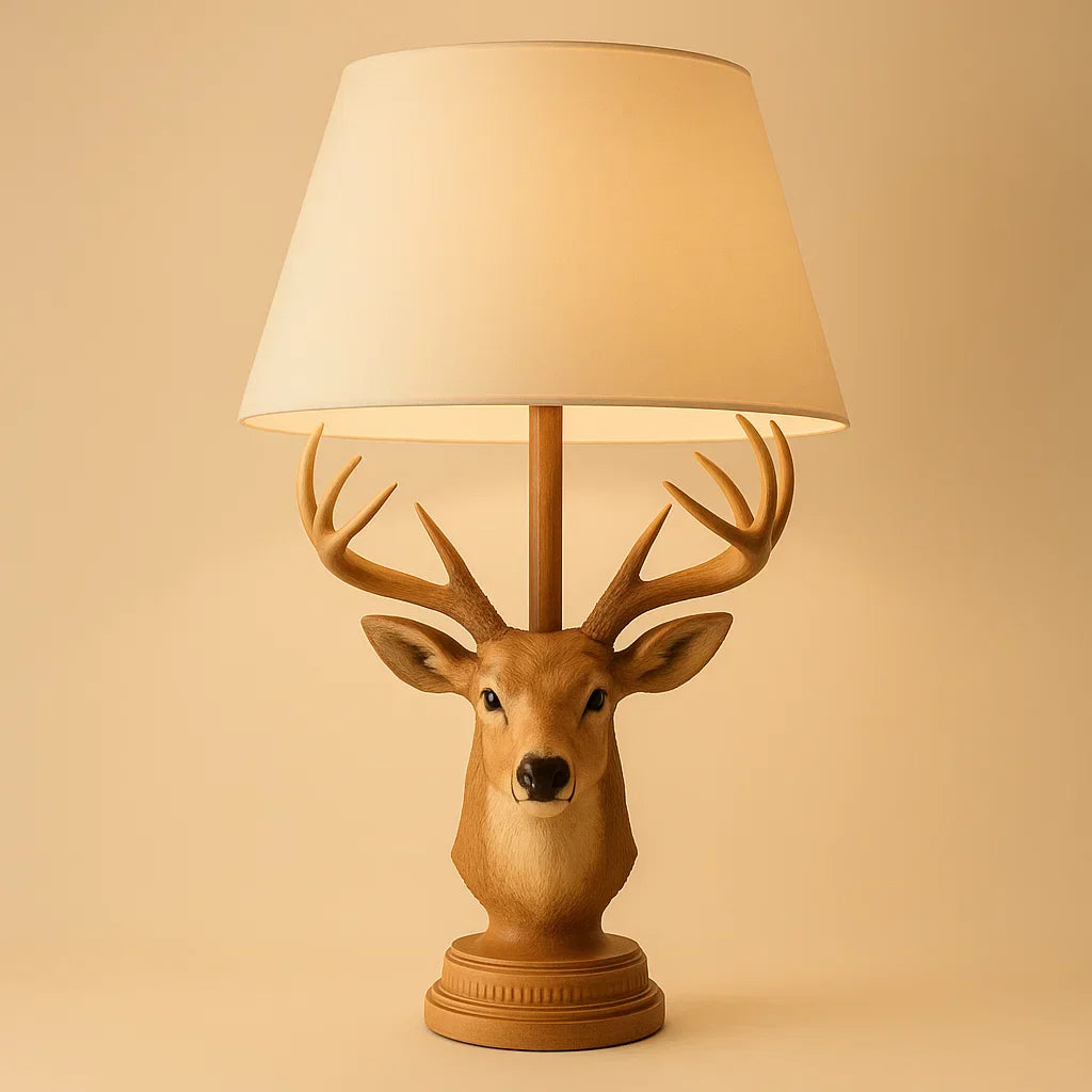 Deer head lamp on a wooden table in a cozy living room setting beige