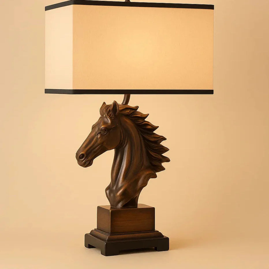 Decorative lamp with horse head design on a wooden table in a cozy living room Brown