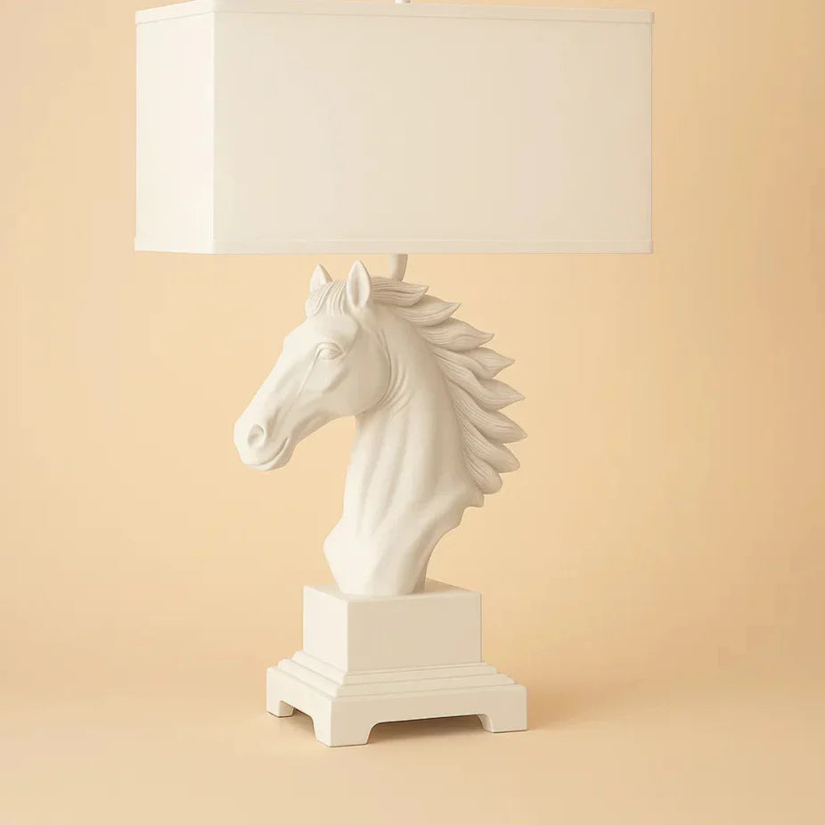 White horse head lamp with a beige background
