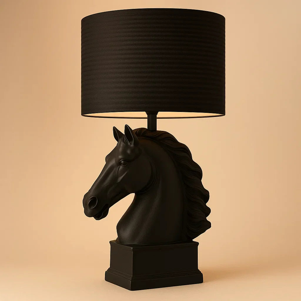 Black horse head table lamp with a black shade on a beige background