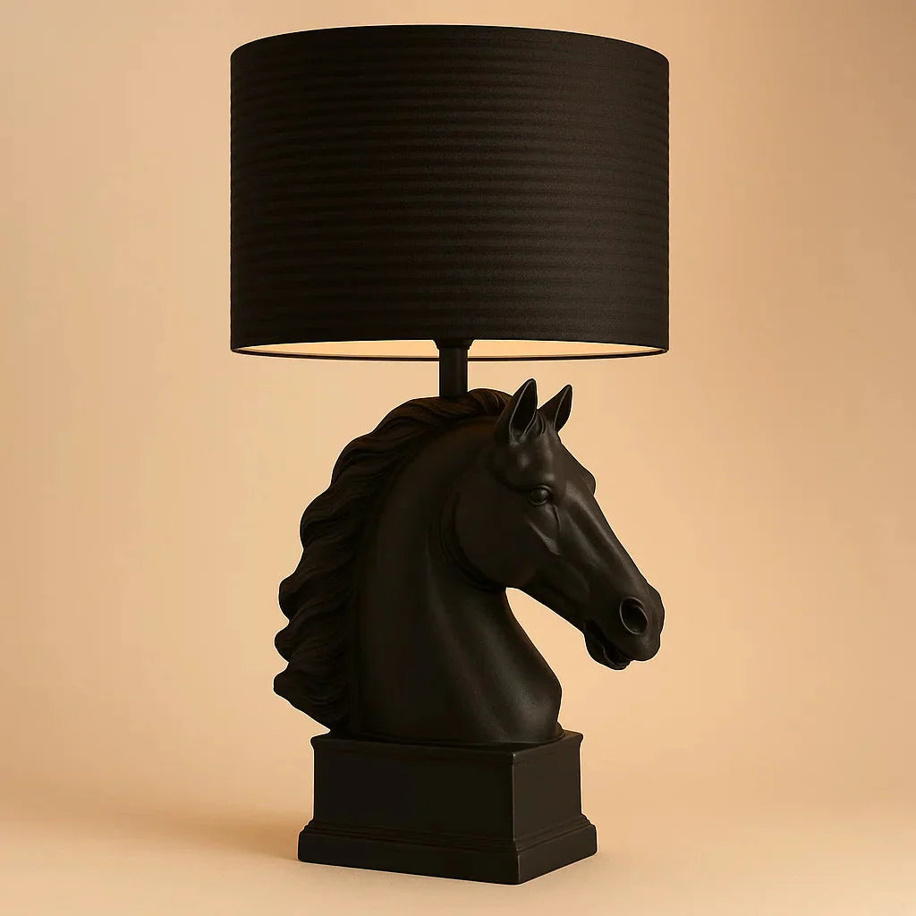 Black horse head table lamp with a black shade on a beige background