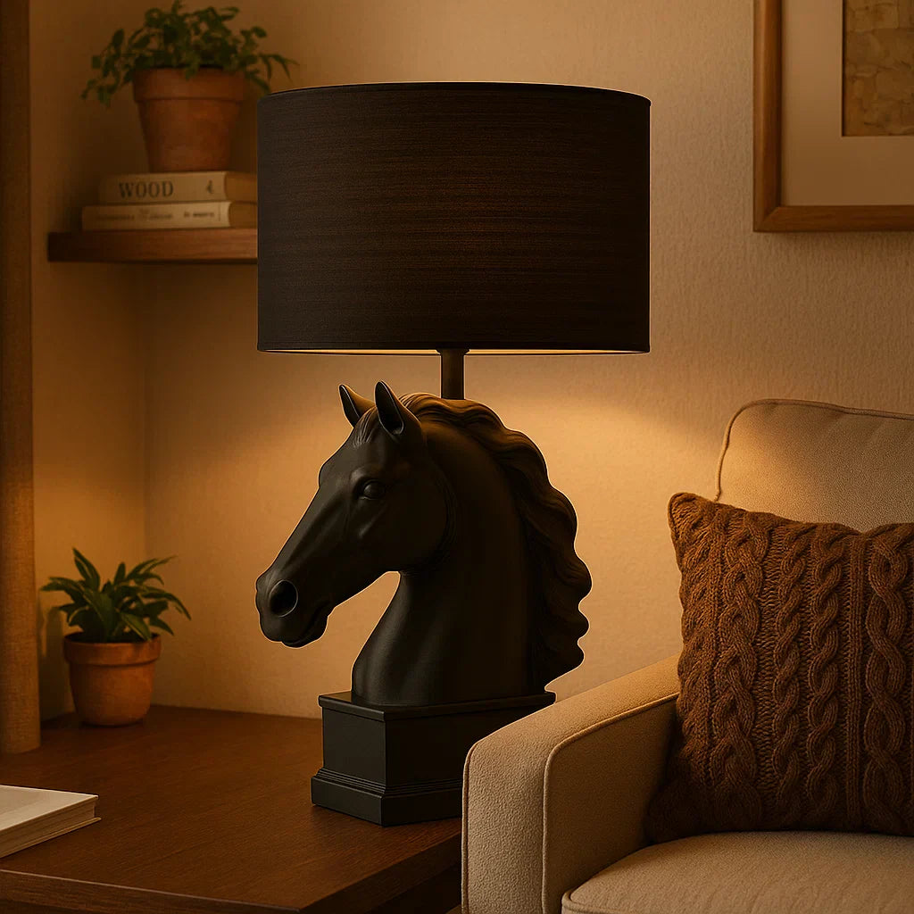 Black horse head table lamp with a black shade on a beige background