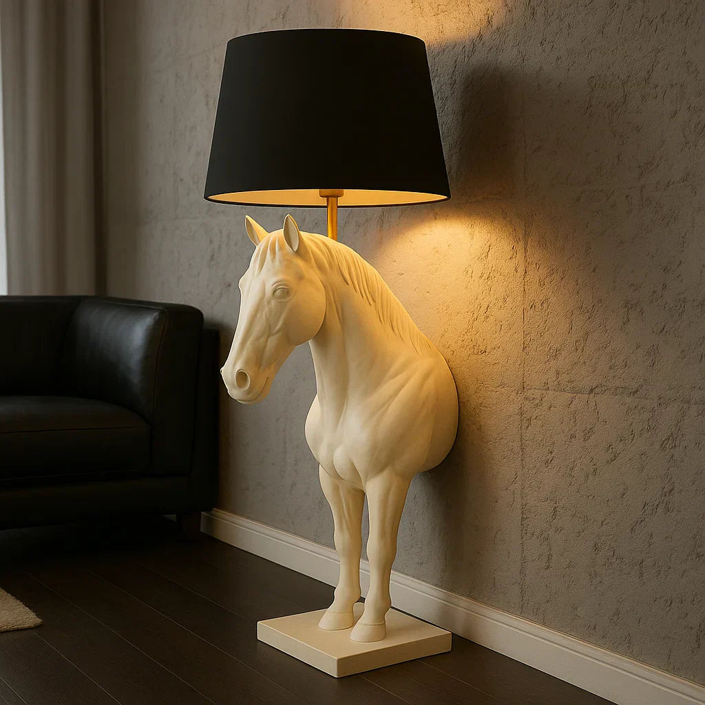 Horse-shaped table lamp with a black shade on a beige background White