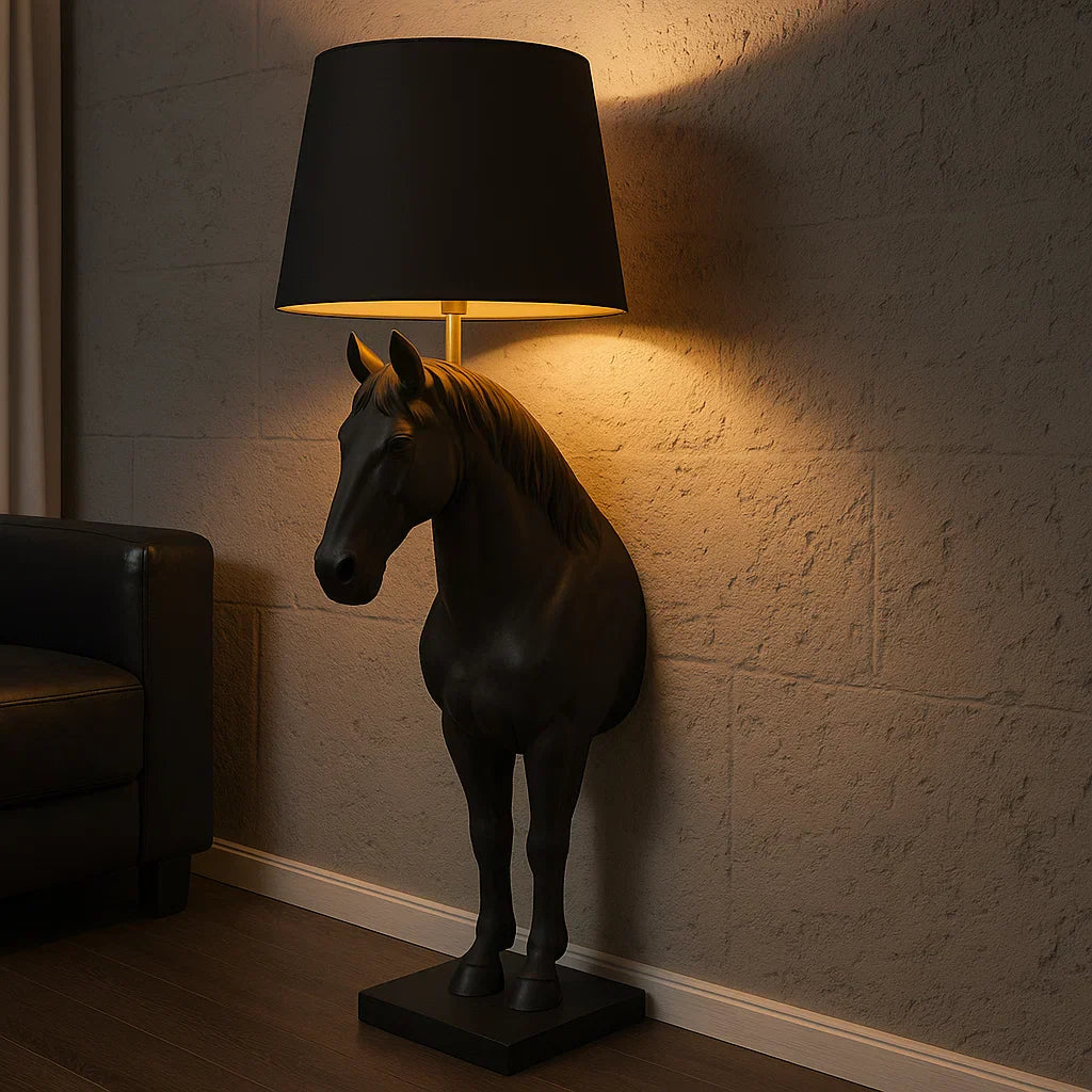 Black horse-shaped table lamp with a black shade on a beige background