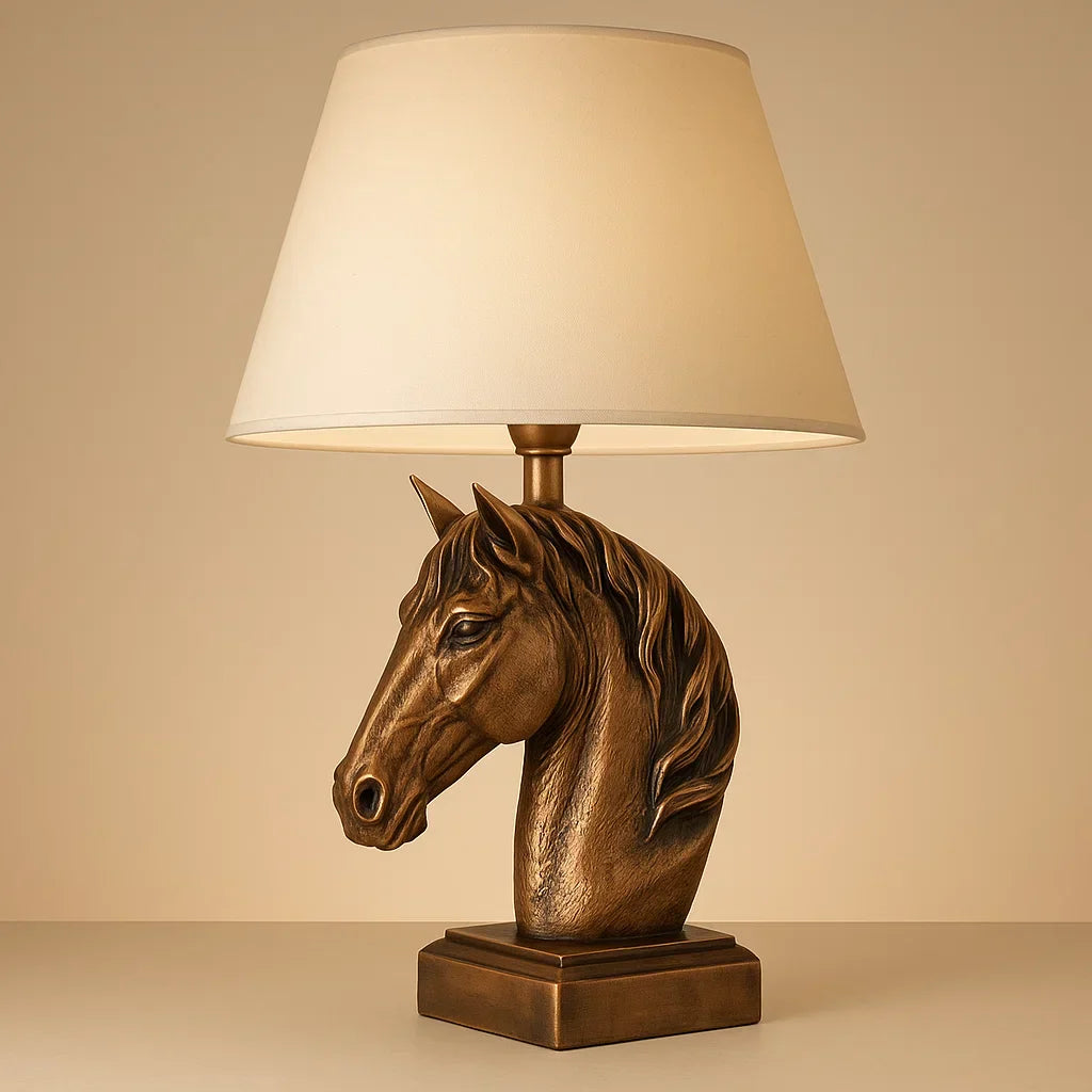 Horse head lamp on a table with an open book, cup, and glasses in a warm-lit room Brown
