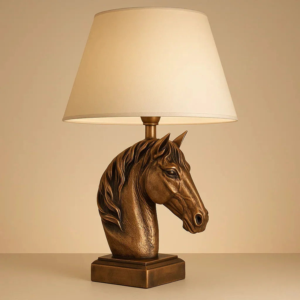 Horse head lamp on a table with an open book, cup, and glasses in a warm-lit room Brown