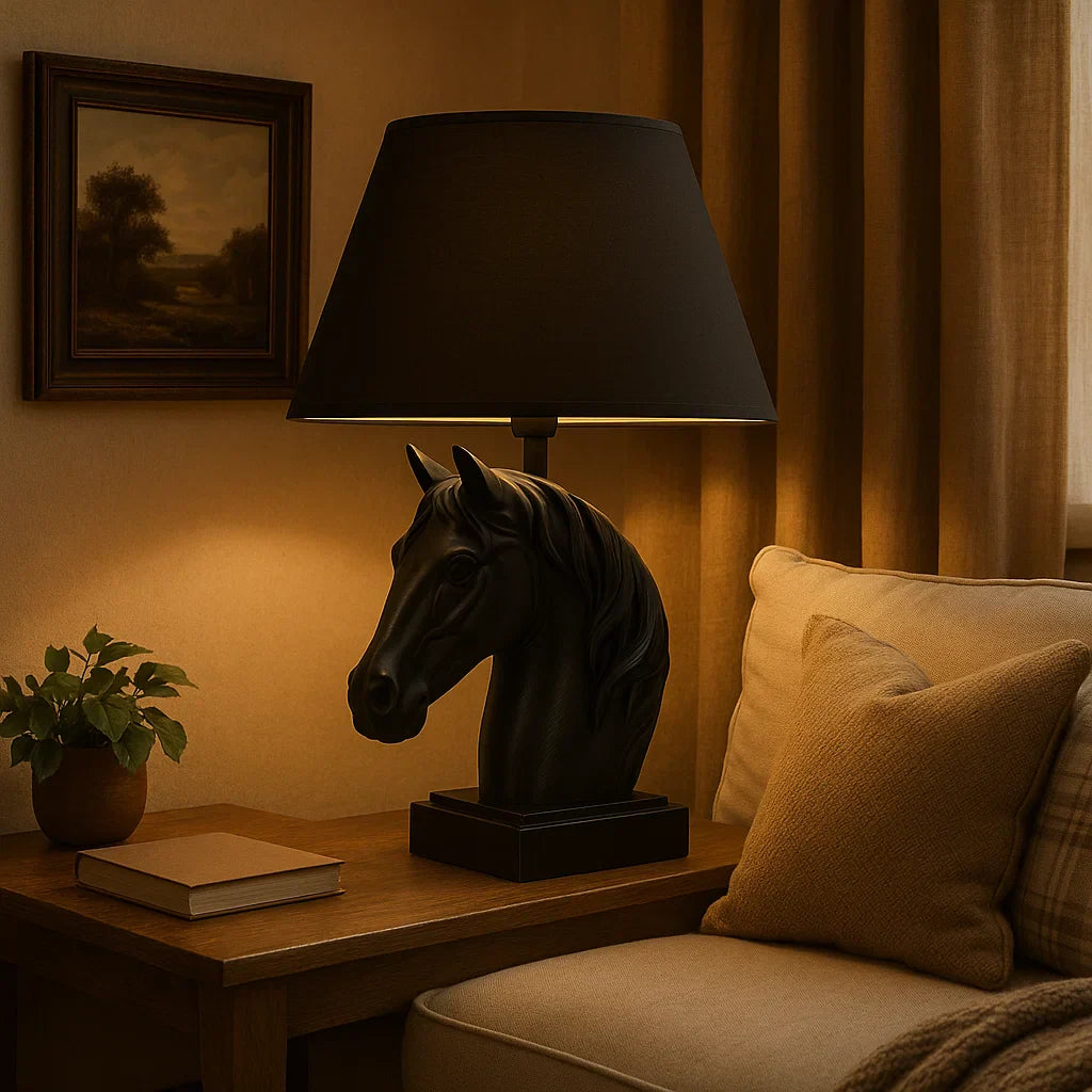 Horse head lamp on a side table next to a sofa with pillows in a warm, dimly lit room Black