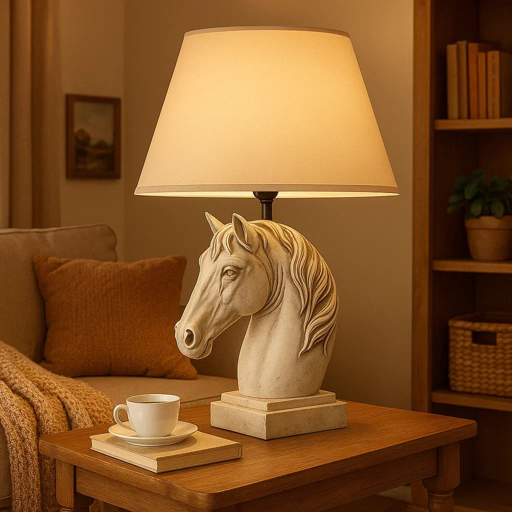Table lamp with horse head design on a beige background White