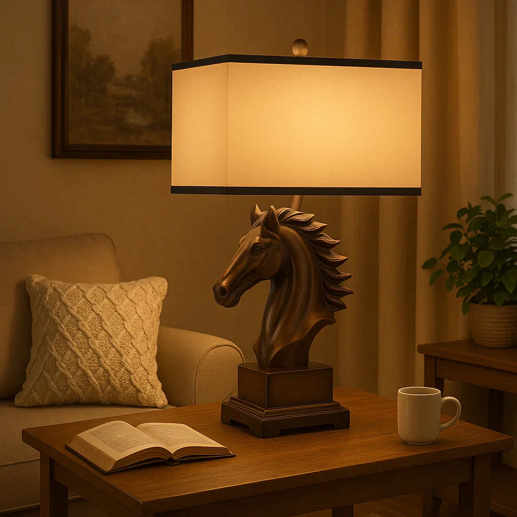 Decorative lamp with horse head design on a wooden table in a cozy living room Brown